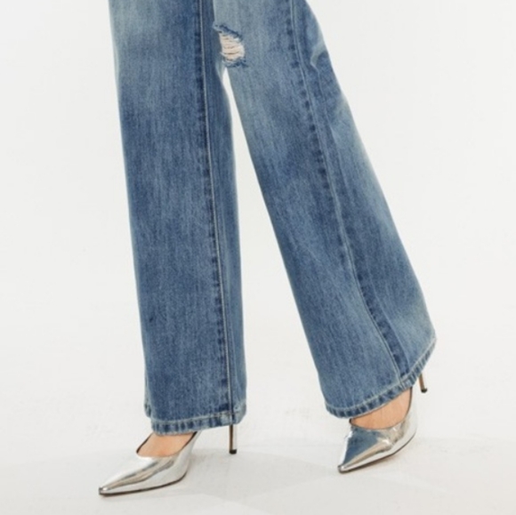 RISEN High-Rise Boyfriend Bootcut Jeans Relaxed Distressed Torn Hole Denim Pants - Picture 7 of 16